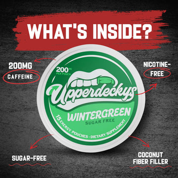 Upperdeckys Cool Wintergreen Caffeine Energy Pouches - Free Replacement or Alternative for Focus and Energy - Sugar Free Nootropic Pouches Made in the USA & Delicious Flavor (4-Pack 200mg)