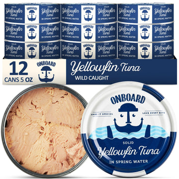 ONBOARD Premium Yellowfin Tuna in Spring Water - 12 Pack Solid Light 5 Oz Cans Sustainably Wild Caught Canned Tuna, Non GMO, Glu