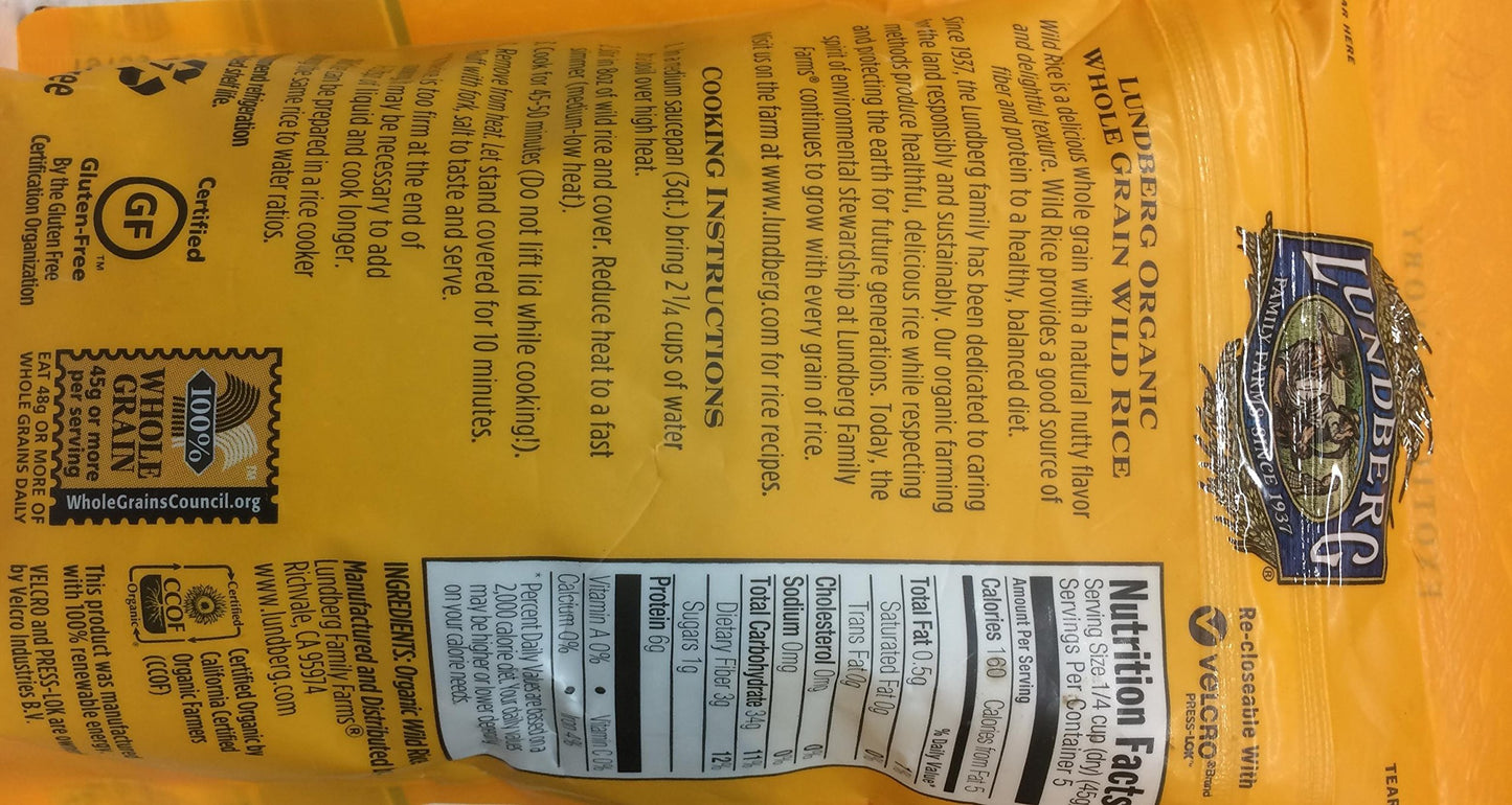 Lundberg Organic Wild Rice Gluten Free Non Gmo 8 Oz. Pack Of 3.