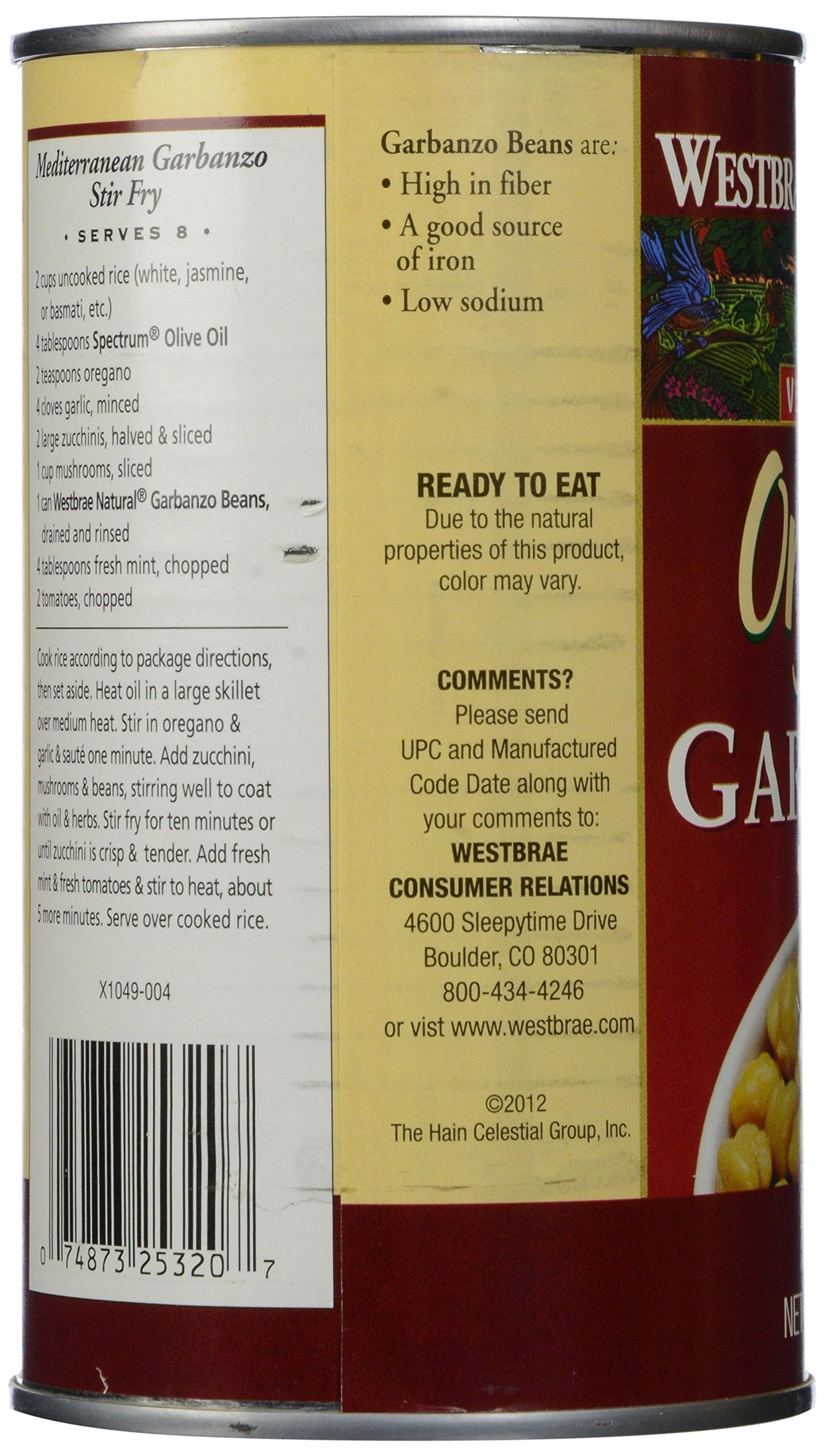 Westbrae Natural Organic Garbanzo Beans, No Salt Added, 25 Oz (Pack of 12)
