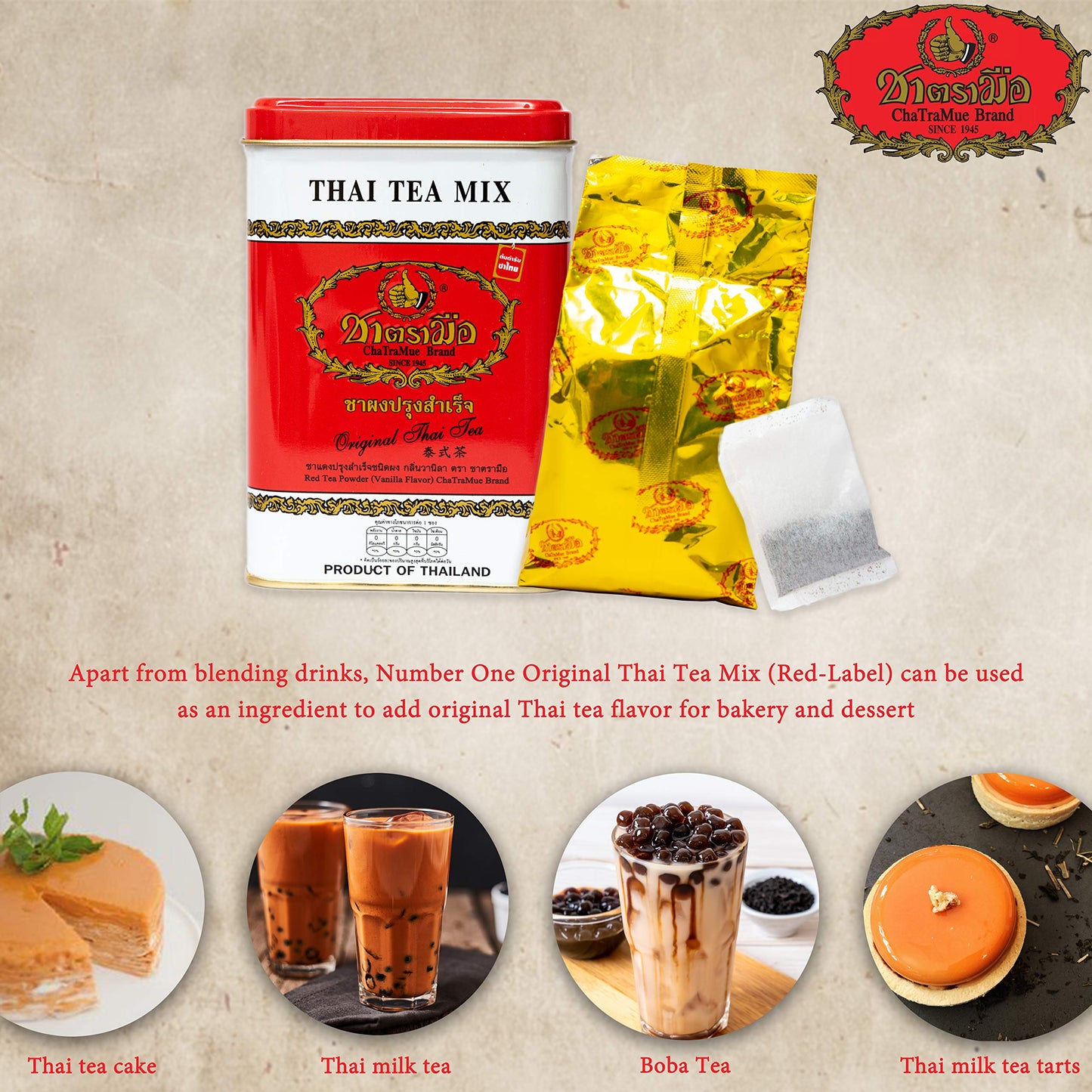 Number One Original Thai Tea Mix Chatramue Thai Tea For Boba Tea, Hot Tea, Iced Tea (Red Label 50 Tea Bags)