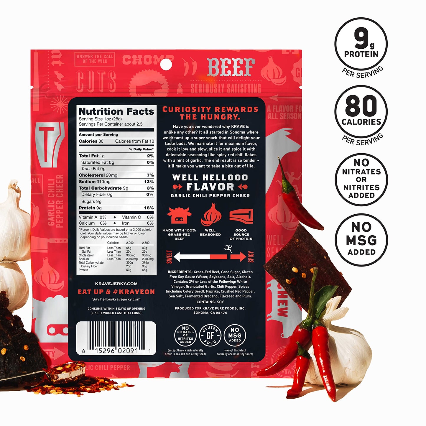 Krave All Natural Beef Jerky, Garlic Chili Pepper - Protein Packed Snacks Roasted For Maximum Flavor - 100% Grass Fed Beef - Glu