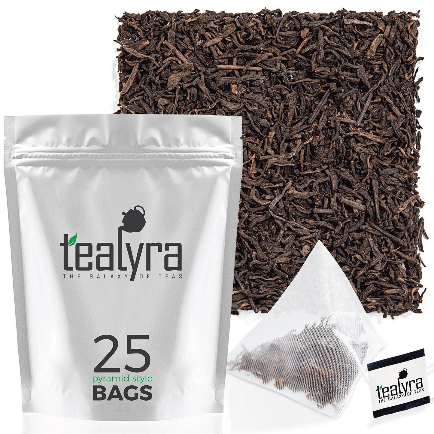 Tealyra Puerh Tea Bags - 100% Natural Bold Loose Leaf - 25 Pyramid Sachets