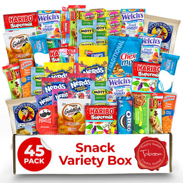 Snack Box Care Package Pack 45 Pcs Candy Variety Pack - Snack Box Variety Pack Care Package - Easter Candy Basket Full Of Delicious Sweets For Children And Adults - Candies And Snacks For All Ages. Special Sealed Box For Maximum Freshness Protection.