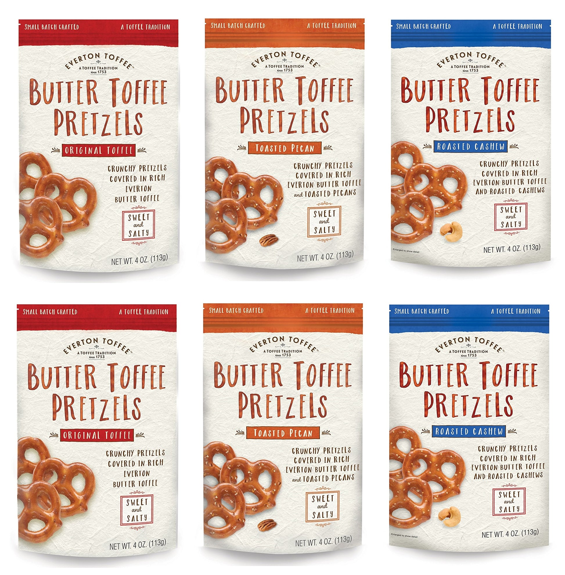 Everton Toffee Butter Toffee Pretzels, Variety Pack (4 oz. bag, 6-pack). Gourmet Artisan Toffee Covered Pretzels, Sweet and Salt