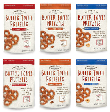 Everton Toffee Butter Toffee Pretzels, Variety Pack (4 oz. bag, 6-pack). Gourmet Artisan Toffee Covered Pretzels, Sweet and Salt