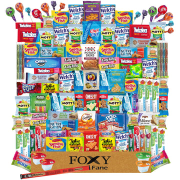 Foxy Fane 120 count Deluxe Snack Box - Ultimate Gift Care Package with Variety Assortment of Crackers, Cookies, Candy, Chips & o