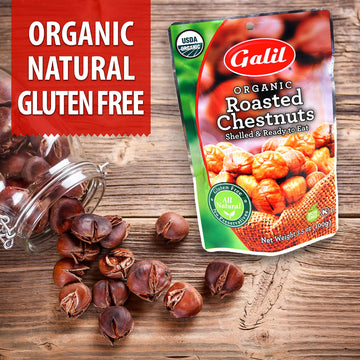 Galil Organic Roasted Chestnuts - 3.5 Oz Bags (Pack Of 6) - Shelled - Ready To Eat Snack, Gluten Free, All Natural, No Preservatives - Great For Snacking, Baking & Cooking - 100% Vegan