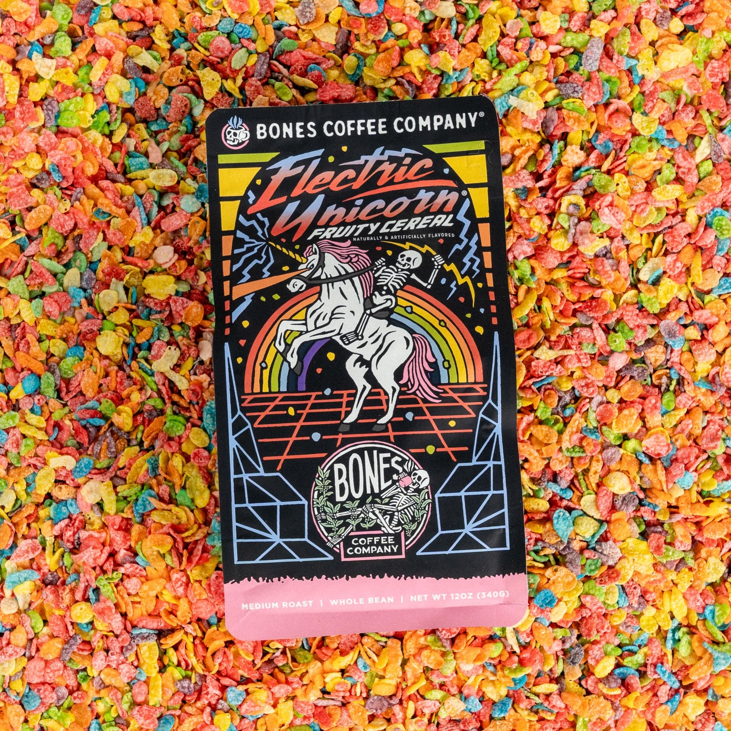 Bones Coffee Company Electric Unicorn Flavored Whole Coffee Beans Fruity Cereal With Milk Flavor | 12 Oz Medium Roast Low Acid Coffee | Coffee Gifts & Beverages (Whole Bean)