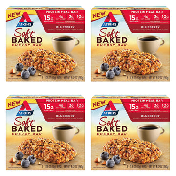 Atkins Soft Baked Energy Bars, Blueberry, 15g Protein,2g Sugar, Excellent Source of Fiber, Low Carb, 4 Packs (5 Bars Each)