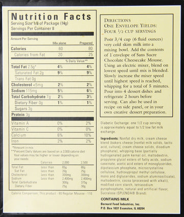 SANS SUCRE Chocolate Cheesecake Mousse Mix - Sugar Free and Gluten Free