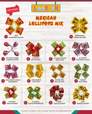 Mexican Candy Lollipops - Dulce Mexicanos Surtidos - Variety Pack Of Sweet, Sour, Salty & Spicy - Mexican Candies Snacks (60 Cou