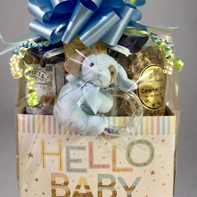 Large Hello Baby Gift Box - Welcome Baby Basket with Plush Rattle & Gourmet Treats