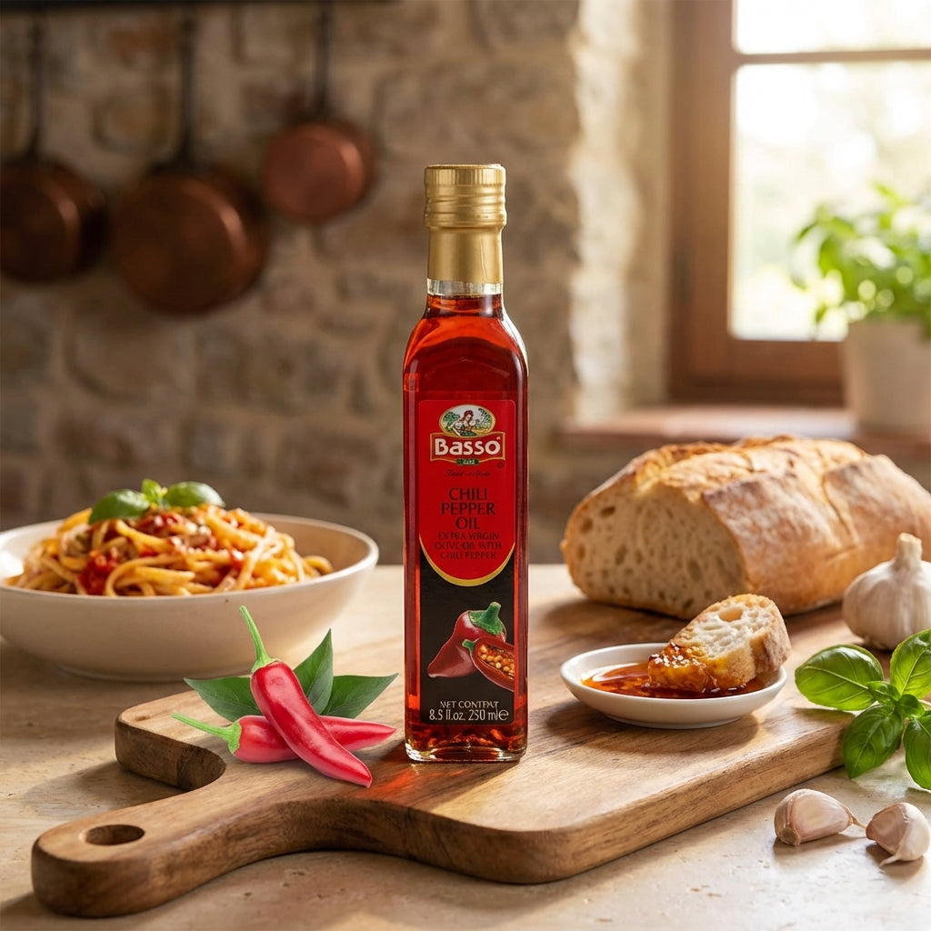 Basso 1904 Spicy Chili Infused Extra Virgin Olive Oil – Finishing Oil – 8.5 fl oz (250 ml)