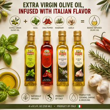 Basso 1904 Infused Extra Virgin Olive Oil Gift Set – Garlic, Chili, Rosemary & Basil – 4 x 8.5 fl oz (250 ml)