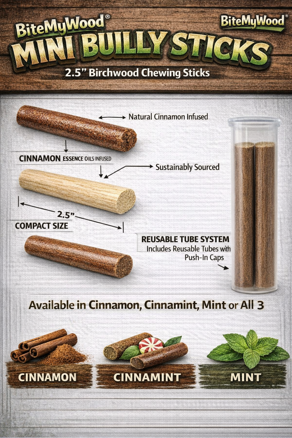 Bully Stick 2.5" Mini - All Natural Birchwood Flavored Human Chewing Sticks | BiteMyWood