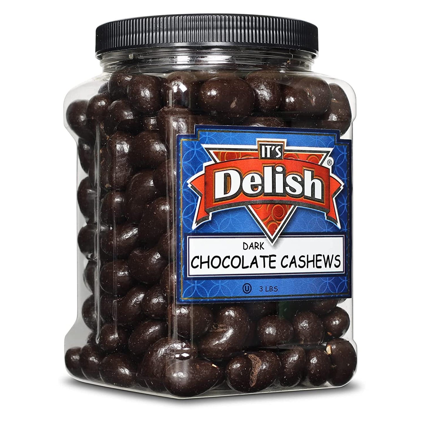 Dark Chocolate Covered Cashews By Its Delish, 3 Lbs Jumbo Reusable Container Jar Gourmet Dark Chocolate Cashews, Healthy Snacks