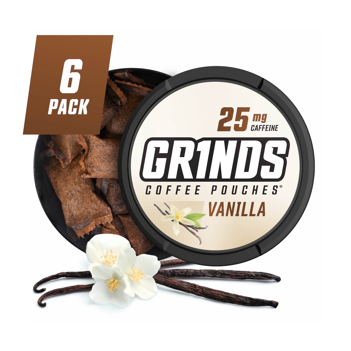 Grinds Coffee Pouches | 6 Cans Of Vanilla | Herbal Product/Nicotine Free | 25 Mg Of Energy Blend | Medium Roast