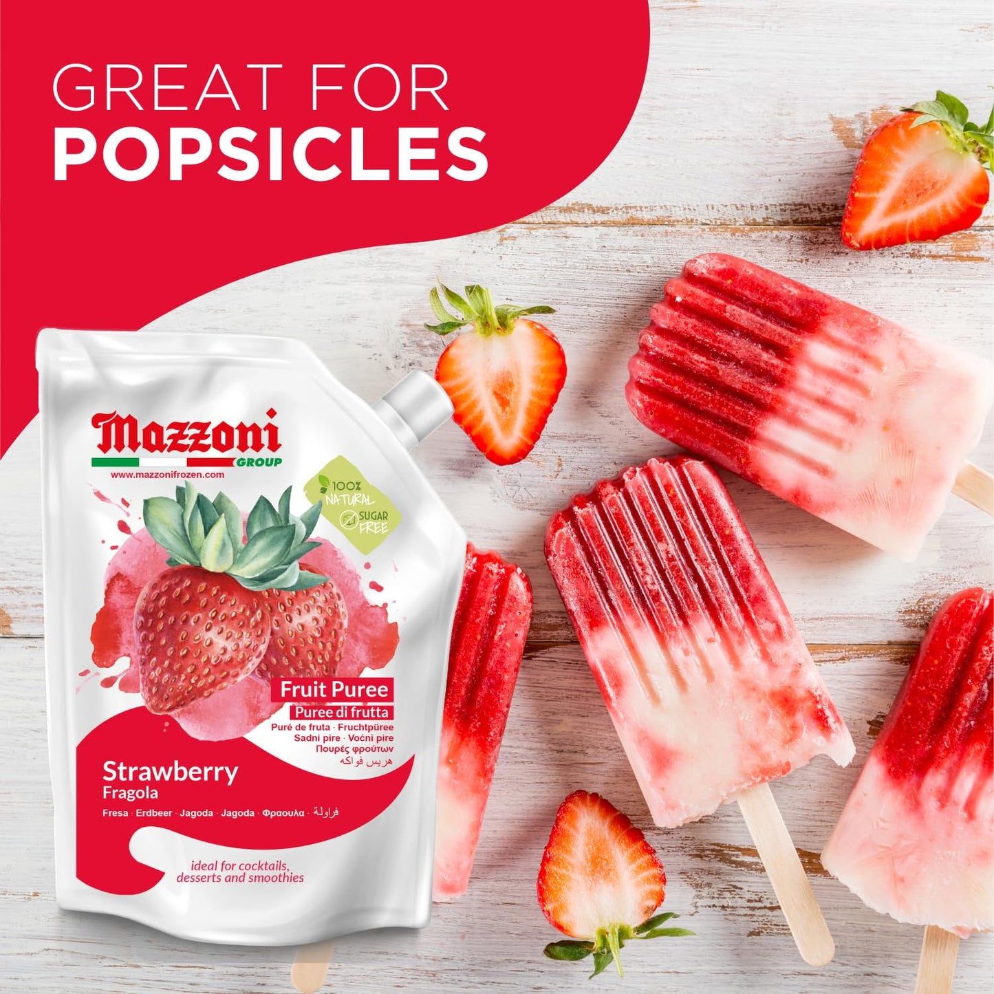 Mazzoni, Strawberry Puree, 100% Pure Strawberries, Just Fruit, No Sugar Added, pouch 2.2 lb