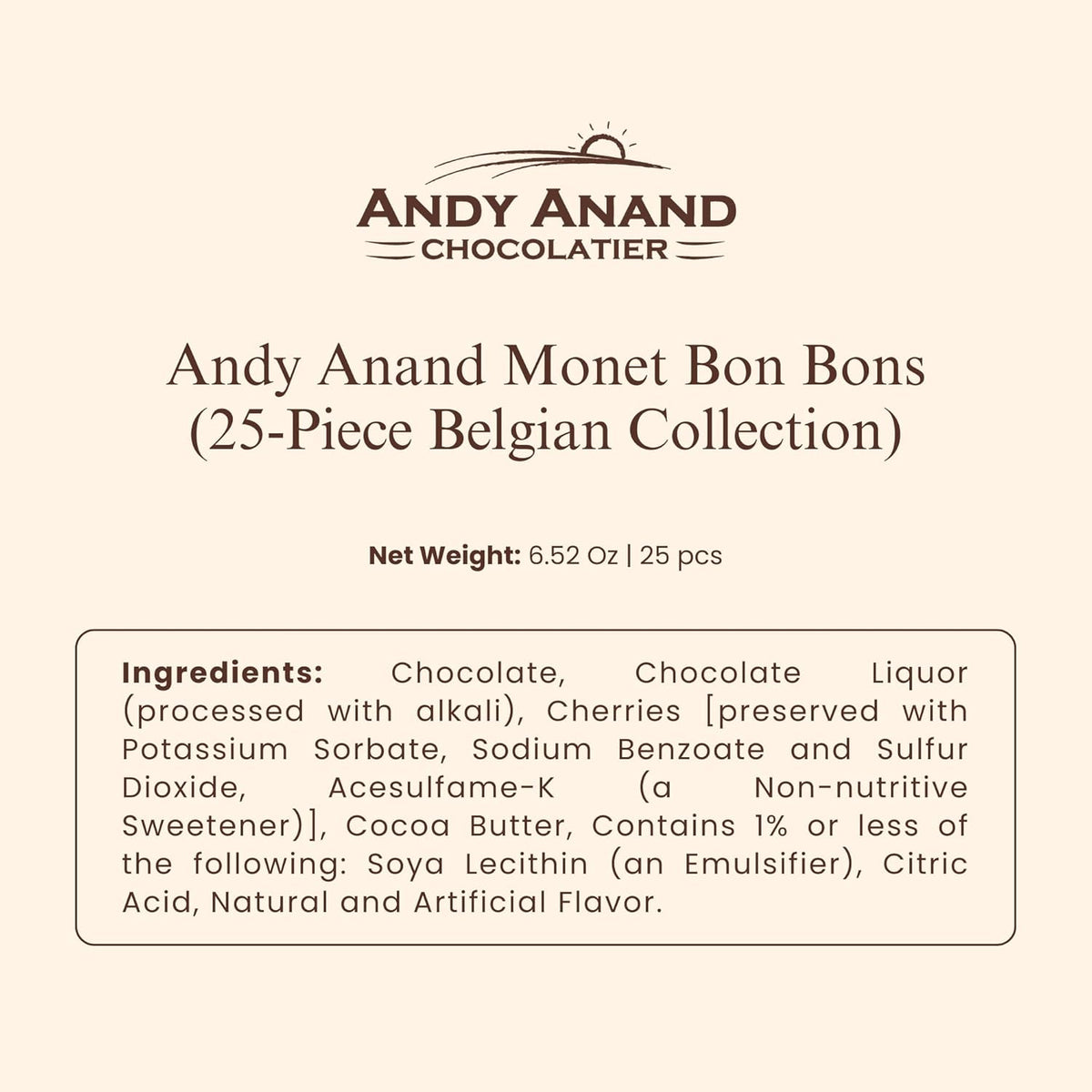 Andy Anand Monet Chocolate Bonbons Gift Box, 25 pc, 6.52 oz – Gluten-Free Belgian Truffles & Pralines, Birthday & Holiday Gift Collection