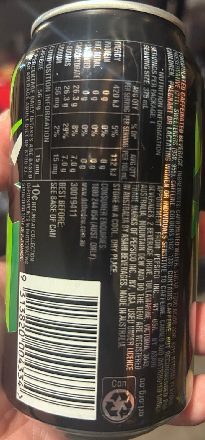 Mountain Dew Energised – Citrus Caffeinated Soft Drink 375mL Can (Australia)