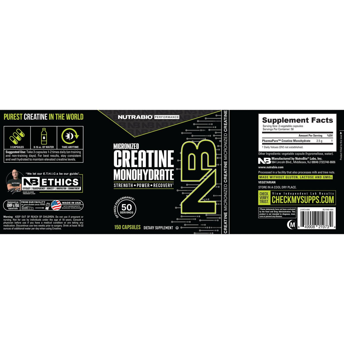 NutraBio Creatine Monohydrate - 150 Capsules
