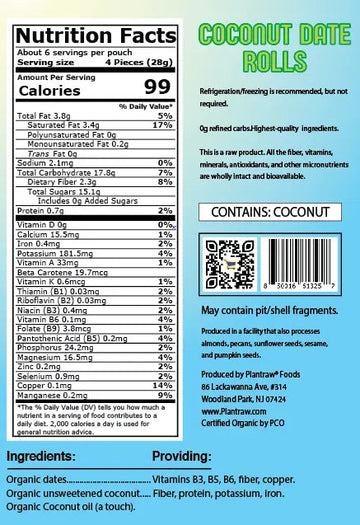 Coconut-Date Rolls - Original (7oz) - 0g refined carbs. Gluten free, Raw, vegan, organic, paleo friendly.
