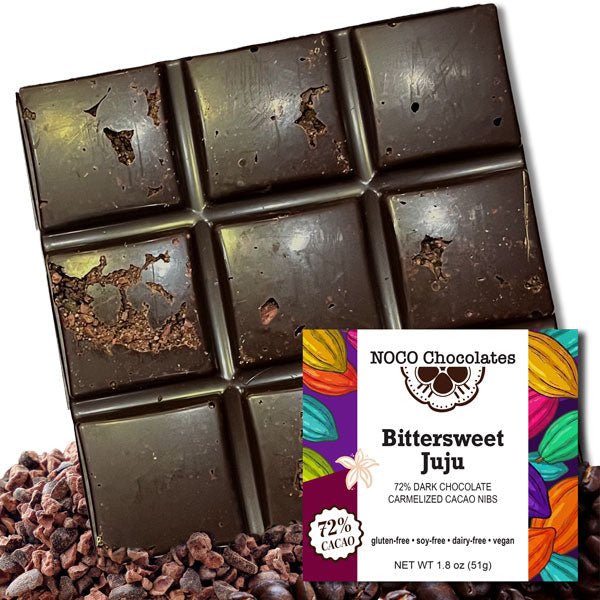 Bittersweet Juju™ 72% Dark Chocolate Bar | Caramelized Cacao Nibs | Vegan • Dairy-Free
