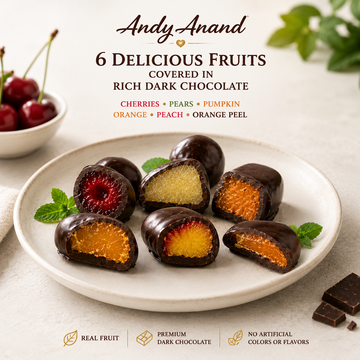 ANDY ANAND Chocolate Covered Fruits Collection Gift Box, 20 Pieces – Cherry, Pear, Pumpkin, Orange, Peach & Orange Peel Covered in Premium Dark Chocolate, Gourmet Fruit Candy Assortment, California Made, Gift Ready