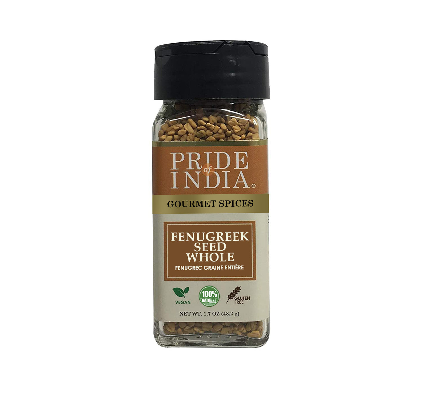 Pride Of India - Natural Fenugreek Seed Whole, 1.7 Oz (48 Gm) Dual Sifting Jar, Authentic Indian Whole Methi Seeds, Gluten & Gmo