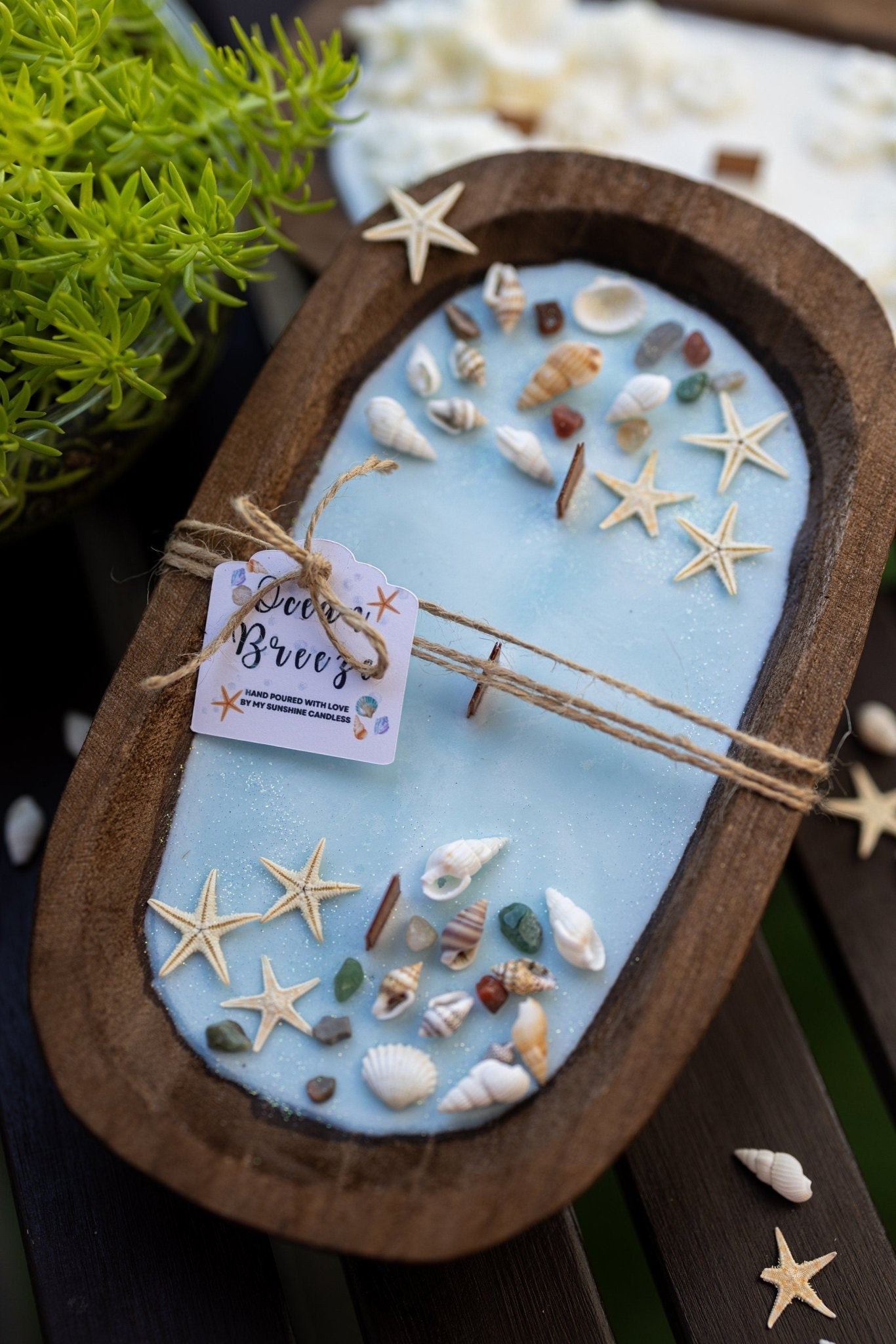 Handcrafted Seashell & Starfish Soy Wax Candle | Farmhouse Summer Decor | Triple Wooden Wicks