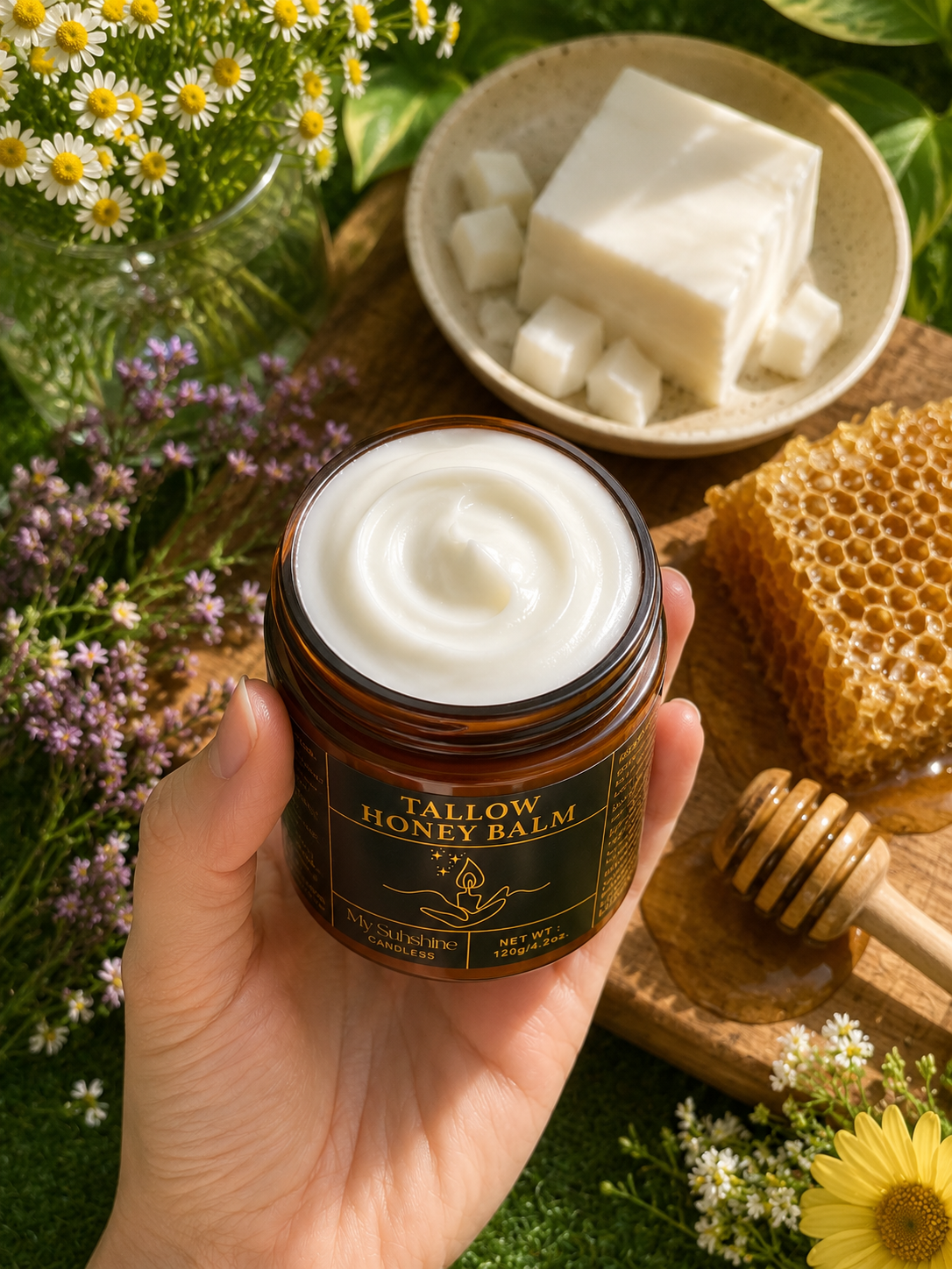 Organic Grass-Fed Beef Tallow Balm with Raw Honey – Handmade Deep Moisturizing Skin Balm for Dry Skin, Face & Body Care