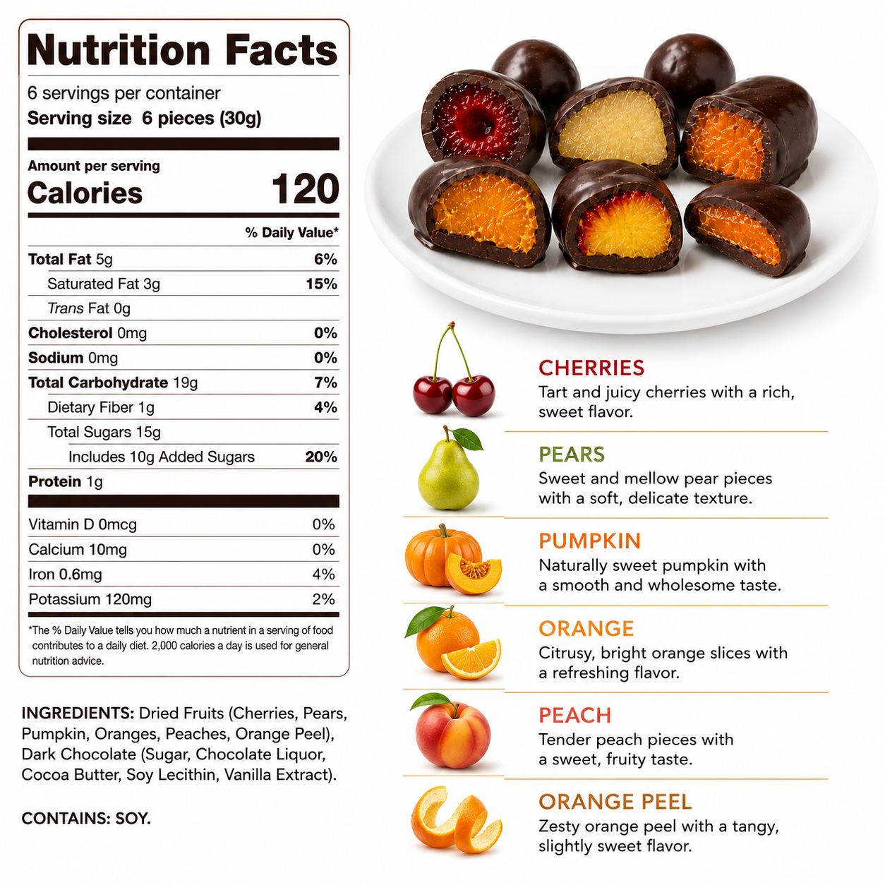 ANDY ANAND Chocolate Covered Fruits Collection Gift Box, 20 Pieces – Cherry, Pear, Pumpkin, Orange, Peach & Orange Peel Covered in Premium Dark Chocolate, Gourmet Fruit Candy Assortment, California Made, Gift Ready