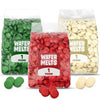 Three bags of wafer melts in green, red, and white colors labeled “1 pound,” displayed on a white background.