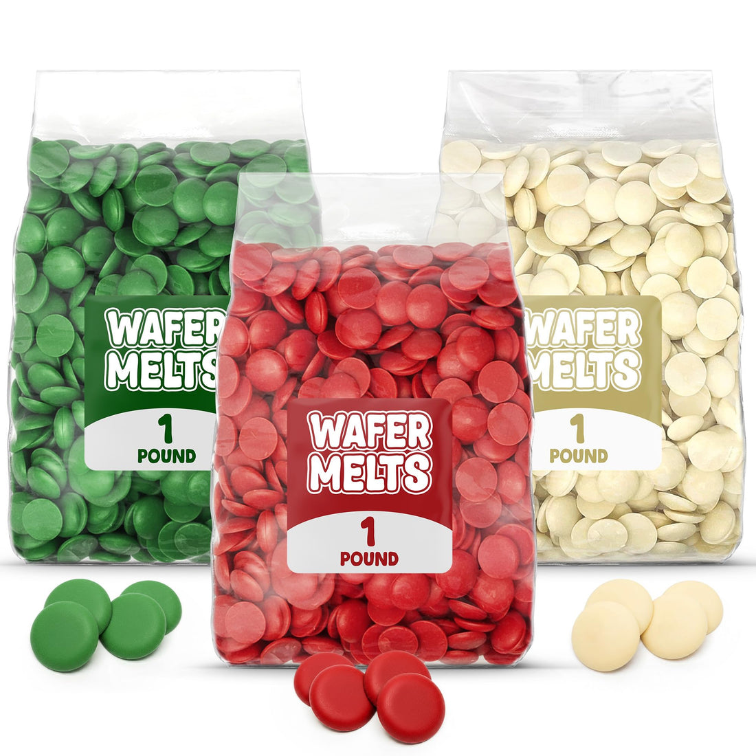 Three bags of wafer melts in green, red, and white colors labeled “1 pound,” displayed on a white background.