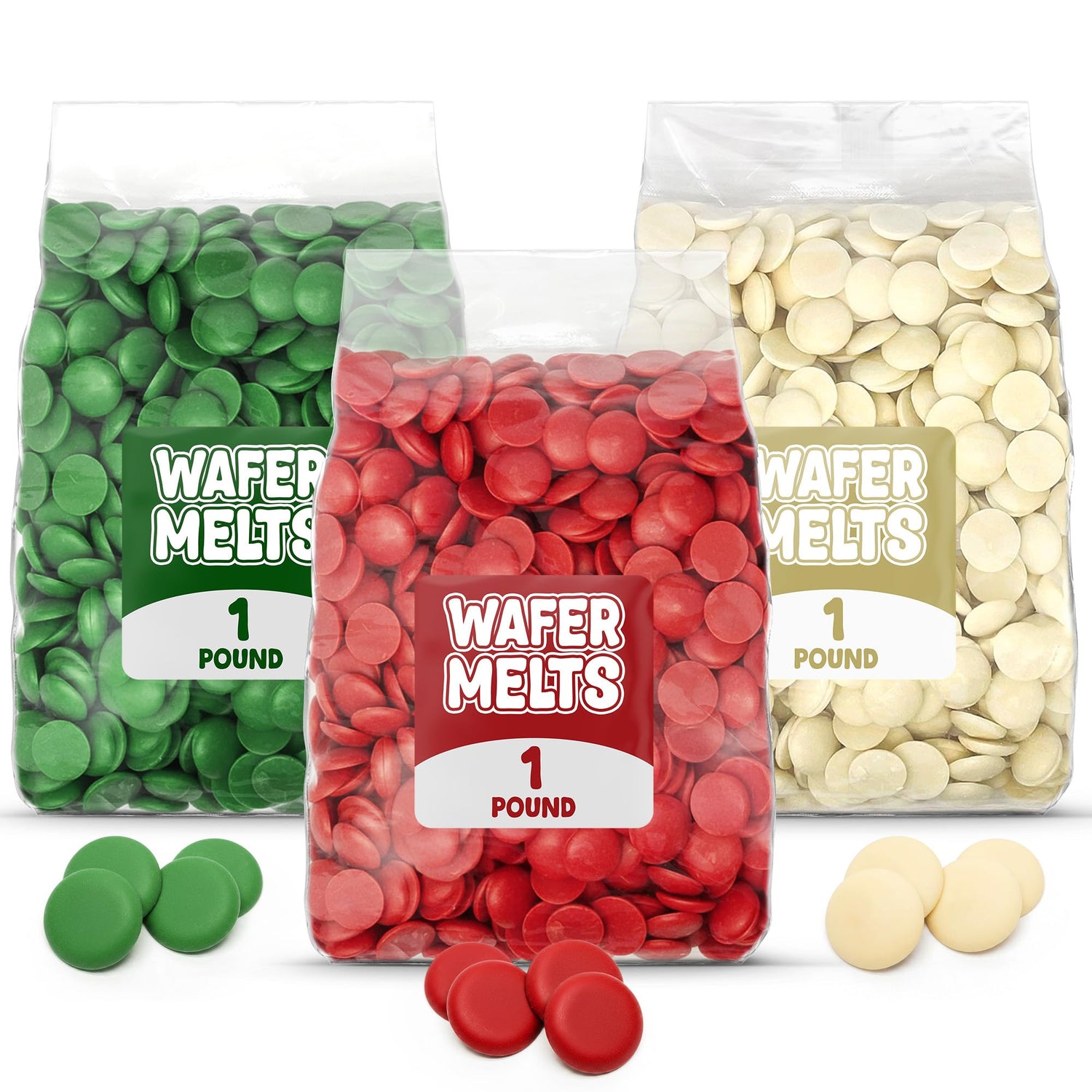 Three bags of wafer melts in green, red, and white colors labeled “1 pound,” displayed on a white background.