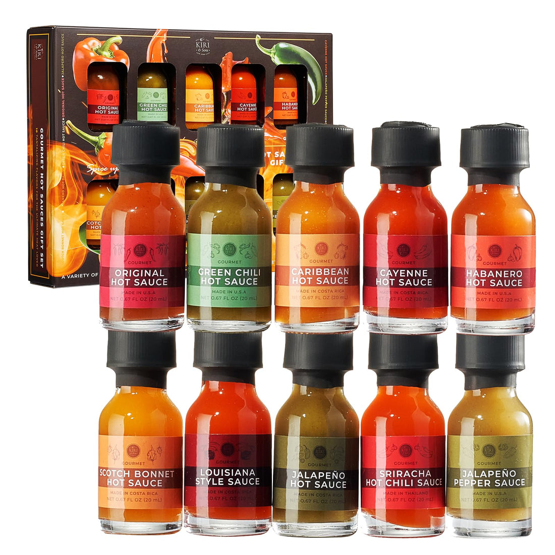 A gourmet hot sauce gift set from the brand K-I-K-I, featuring ten small glass bottles of various chili sauces arranged in two rows of five.