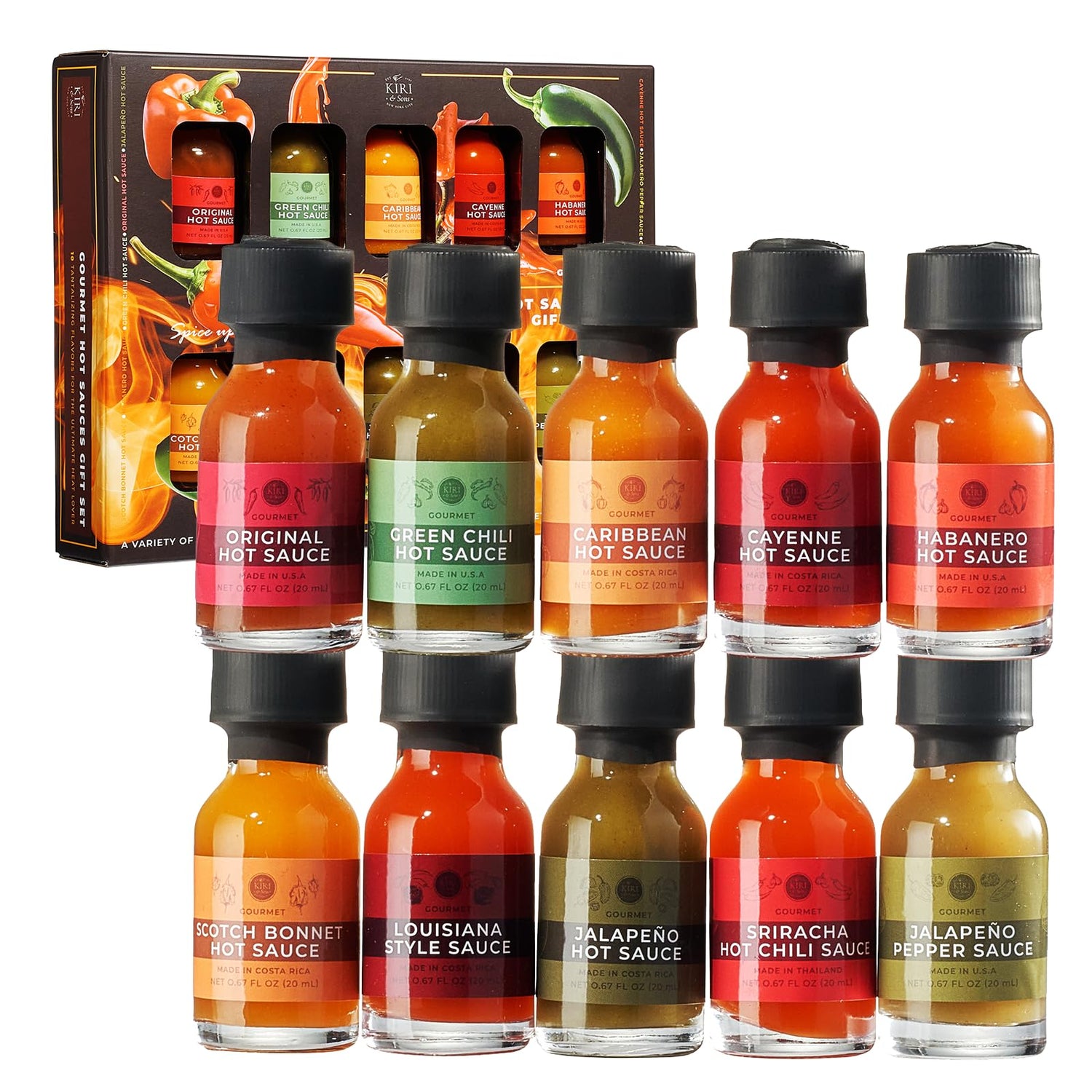 A gourmet hot sauce gift set from the brand K-I-K-I, featuring ten small glass bottles of various chili sauces arranged in two rows of five.