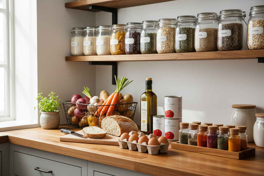 A kitchen countertop with fresh produce, a loaf of bread, eggs, cooking oil, canned goods, and a rack of spices. A floating wooden shelf above holds jars of dry pantry staples.