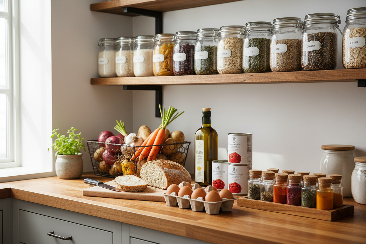 A kitchen countertop with fresh produce, a loaf of bread, eggs, cooking oil, canned goods, and a rack of spices. A floating wooden shelf above holds jars of dry pantry staples.