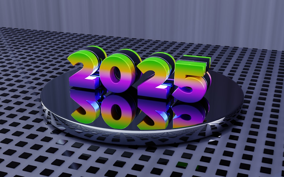 Colorful 3D “2025” text displayed on a reflective circular platform with neon lighting on a futuristic patterned surface.