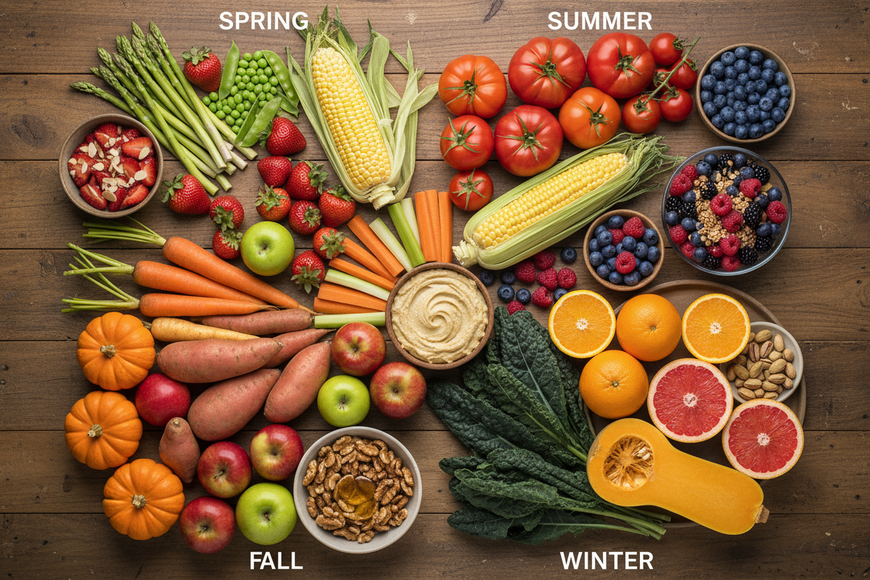 Seasonal fruits and vegetables arranged by spring, summer, fall, and winter on wooden table