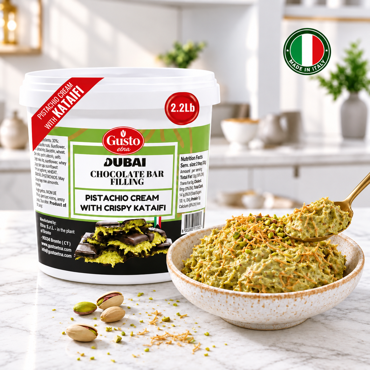 Gusto Etna Dubai Chocolate Pistachio Filling with Kataifi – 30% Pistachio – 1 kg (2.2 lb)