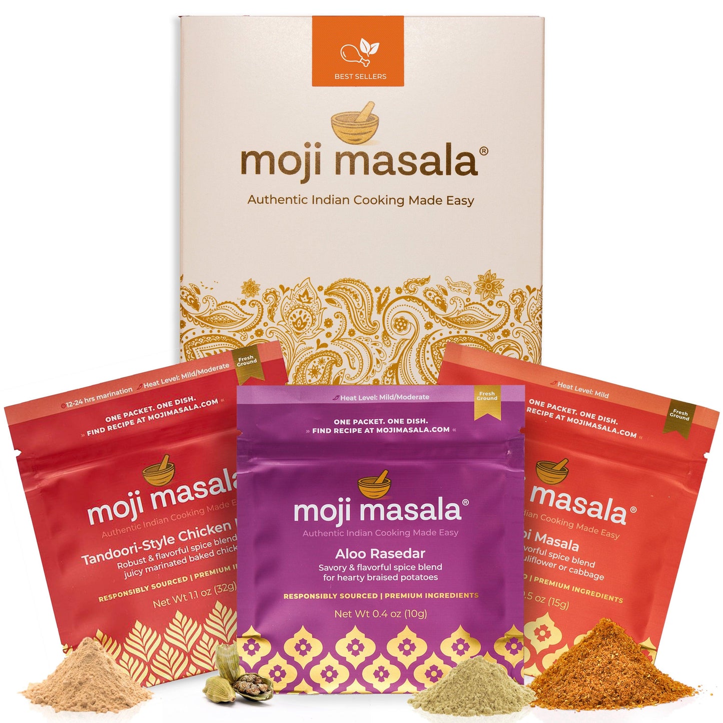 Indian Spice Gift Set for Beginners – Tandoori Chicken, Cauliflower Curry & Potato Curry | 3 Dishes, 3 Recipes | moji masala®