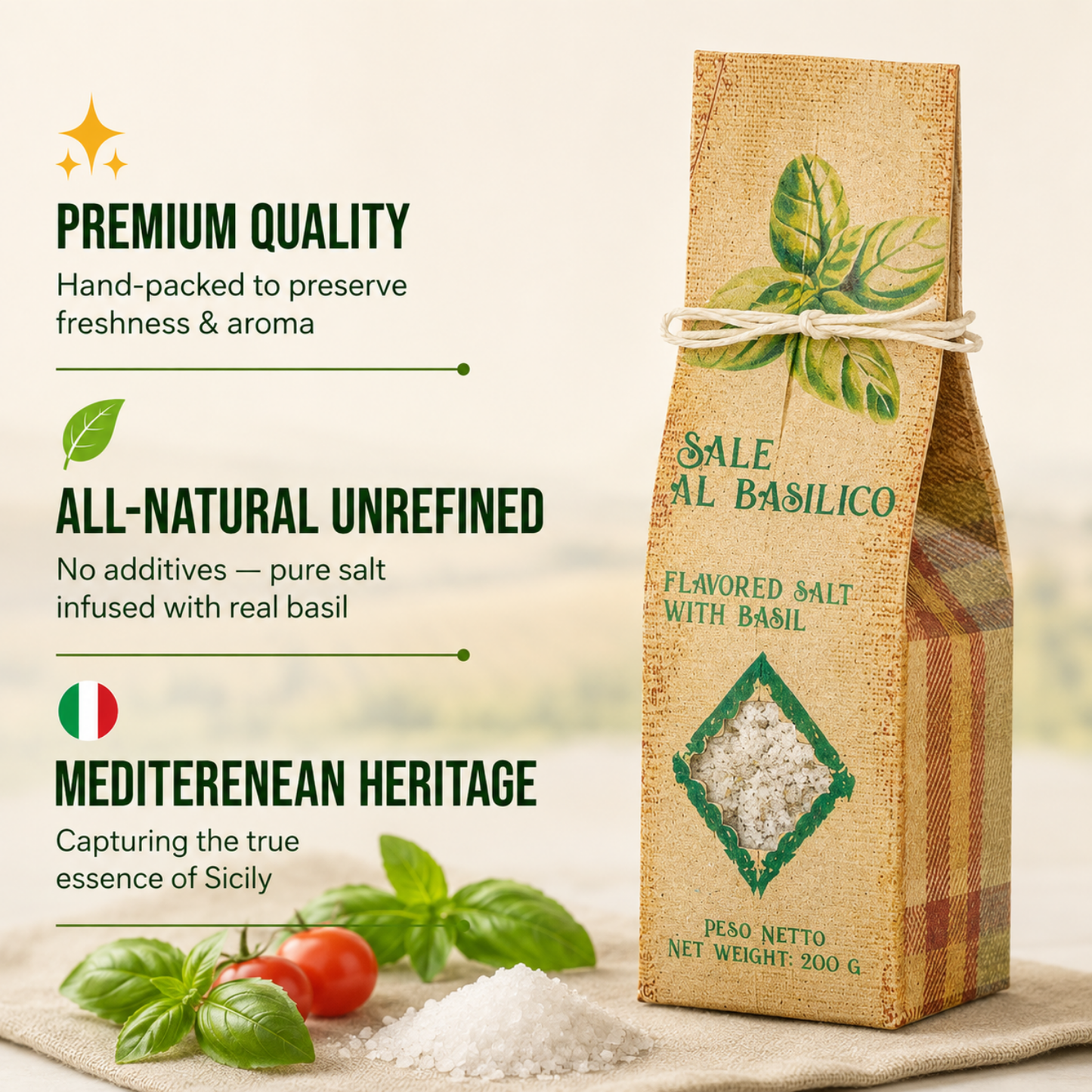 Artigiani dei Sapori, Sicilian Sea Salt with Basil, 7oz  (198g)