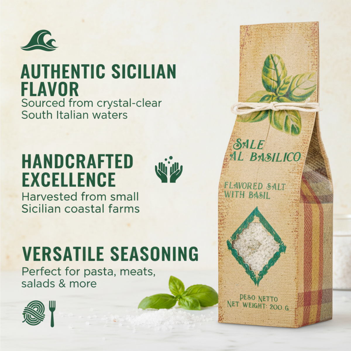 Artigiani dei Sapori, Sicilian Sea Salt with Basil, 7oz  (198g)