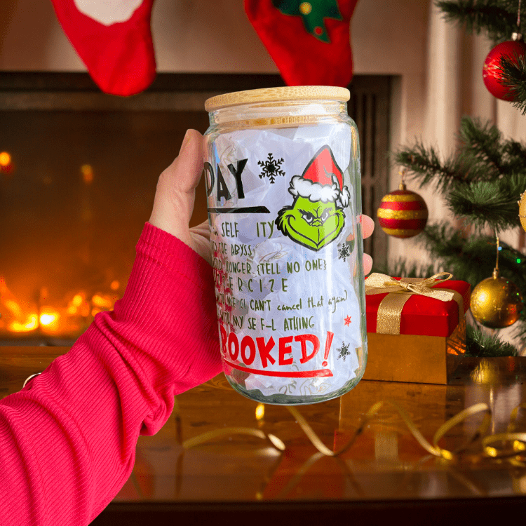 Christmas Grinch Glass Cup – 16oz Tumbler with Lid & Straw, Holiday Gift