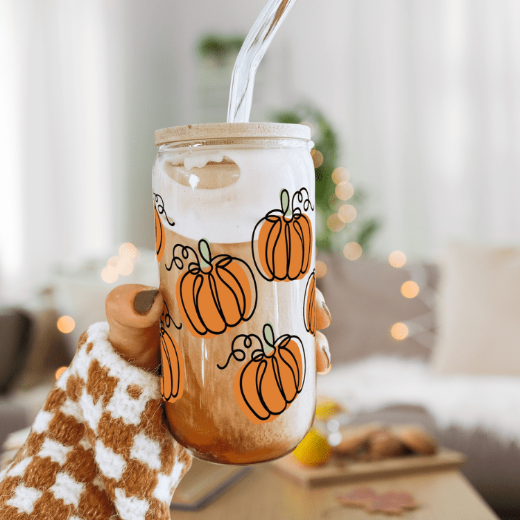 Pumpkin Glass Iced Coffee Cup – 16oz Iced Coffee Tumbler with Lid & Straw