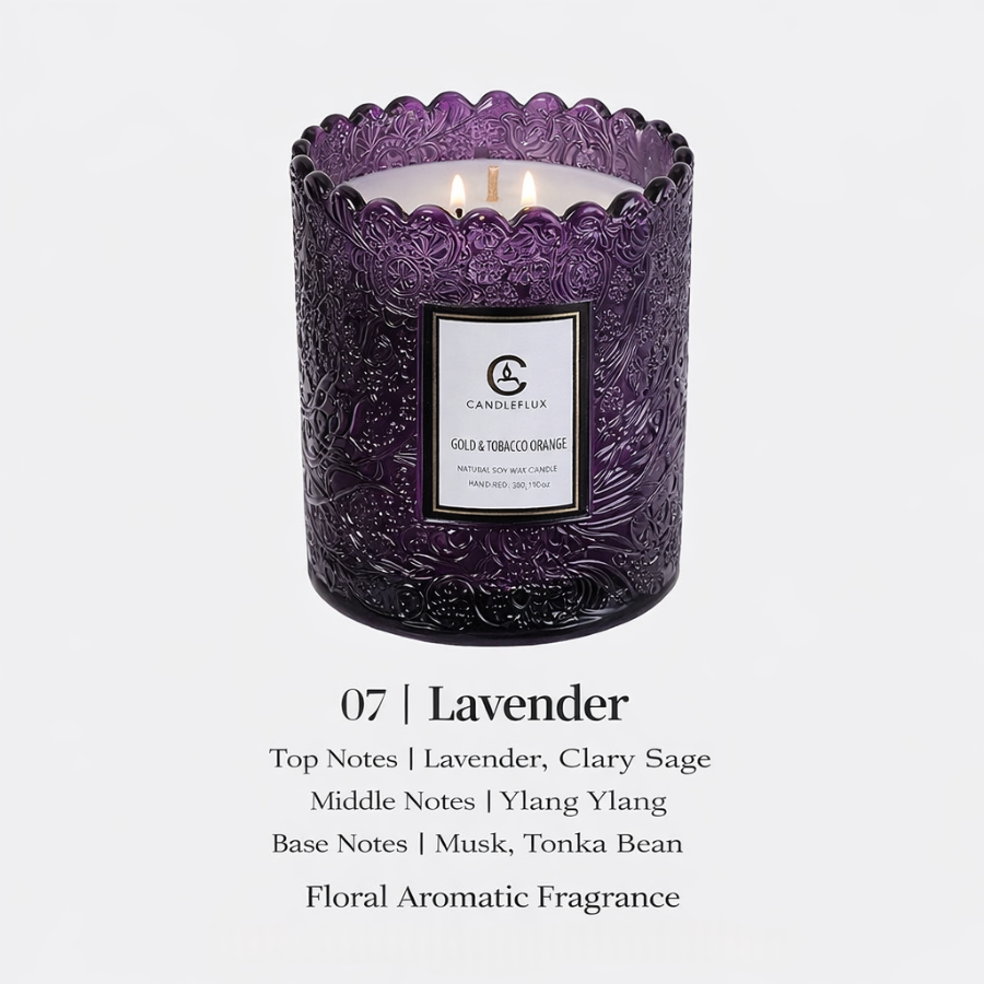 Scented Candle Cups with Embossed Glass Gift Design, Plant-Based Soy Wax Scented Candles with Low-Smoke Performance, Elegant Home Fragrance Candles for Wholesale Valentine’s Day Decor & Gift Use