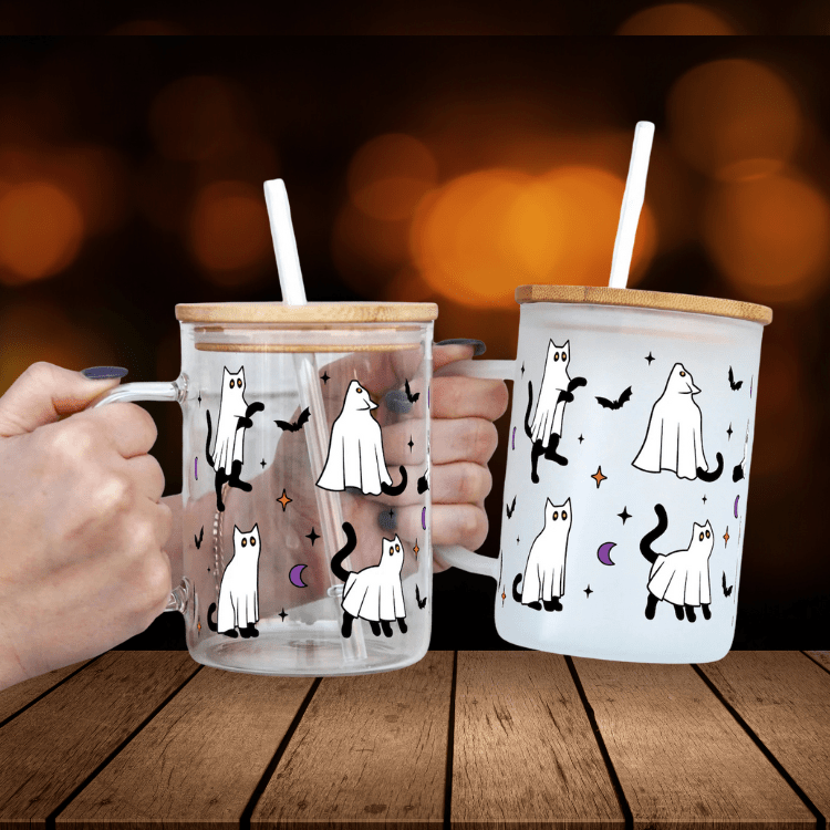 Halloween Ghost Cat Glass Cup – Coffee & Iced Drink Mug, Spooky Gift
